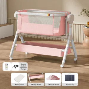 Electric Rocking Bassinet,Bedside Co-Sleeper Automatic,Unisex Portable Travel Cribs with Wheels,Remote Suit 0-6M