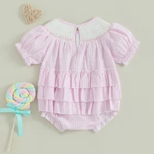 Infant Summer Romper with Short Sleeves and Embroidered Letters Striped Bodysuit for Newborn Girls Cute Playsuit for Warm
