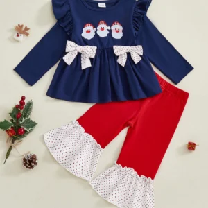 Girls Christmas Outfits Red Plaid Ruffle Sleeve Top and Leggings Set with Reindeer Embroidery 2 Piece Holiday Clothes