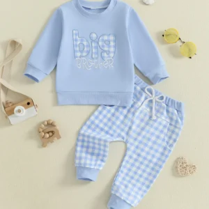 Toddler Boy Autumn Outfit with Letter Embroidery Sweatshirt and Plaid Pants Set for Baby Boys Long Sleeve Elastic Clothes