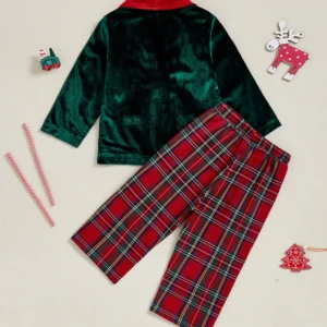 Toddler Christmas Outfit Set with Long Sleeve Button Up Jacket and Plaid Pants - 2 Piece Clothes for Baby Boy