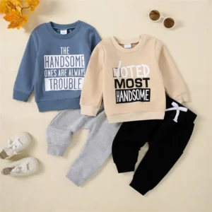 Pudcoco Infant Newborn Baby Boy Fall Outfit Letter Print Long Sleeve Sweatshirt Elastic Waist Pants with 3D Bow 2 Piece Set 0-3T