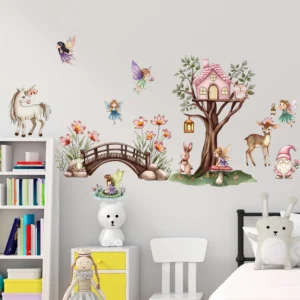 Unicorn Flower Fairy Wall Stickers In The Forest Are Used For Artistic Home Decoration In Baby Daycare And Children's Rooms