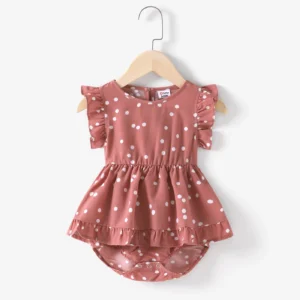 All Over Dots Pink Cross Wrap V Neck Ruffle Flutter-sleeve Baby Romper Summer