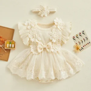 Newborn Baby Girl Romper Dress 2 Pcs Outfits Mesh Lace Patchwork Ruffle Bodysuit and Headband Cute Summer Clothes