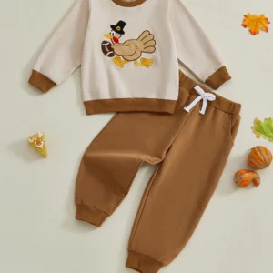 Thanksgiving Baby Boy Outfit Set with Turkey Embroidery Long Sleeve Sweatshirt and Elastic Pants for a Festive Look
