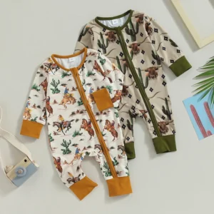 2023-07-18 Lioraitiin 0-12M Infant Baby Boys Jumpsuit Long Sleeve Cow/Horse Print Zipped Autumn Newborn Romper Clothes