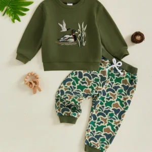 Cute Toddler Boy Autumn Clothes Set with Adorable Duck Embroidery Design on Long Sleeve Pullover and Matching Print Pants