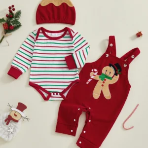 Christmas Baby Outfit Set with Reindeer Print Long Sleeve Romper Santa Claus Embroidery Overall Pants and Matching Hat - 3