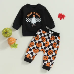 Baby Boys Halloween Costume Set Pumpkin Print Long Sleeve Hoodie and Elastic Waist Pants Toddler 2 Piece Outfit for Fall