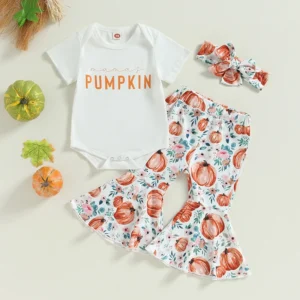 Citgeett Summer Halloween Infant Baby Girls Clothes Letter Print Short Sleeves Romper and Pumpkin Print Flare Pants Headband