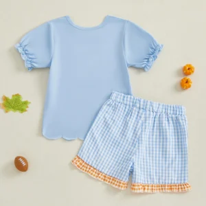 Adorable Baby Girls Halloween Costume Embroidered T-Shirt with Plaid Ruffle Shorts Set - Cute Toddler Outfit for Fall